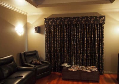 Living room with dark curtains