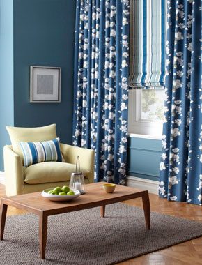 blue floral curtains with striped roman blinds
