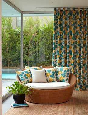bright patterned curtains in living room