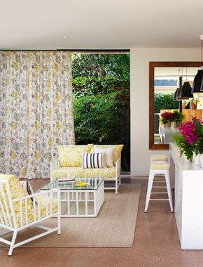 grey and yellow floral curtains in living room