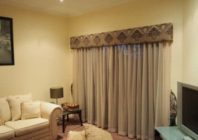 living room with damask pelmet