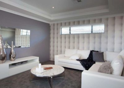 living room with white venetian blinds