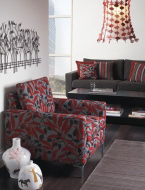 red patterned living room furniture